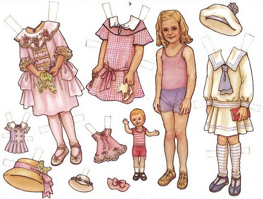 Бумажная кукла с набором зимней одежды - цветной векторный клипарт