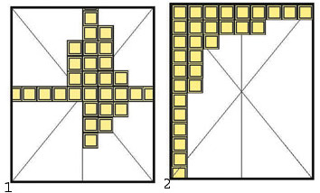 Способы наклейки потолочных плит: от центра (1) и из угла (2) помещения.
