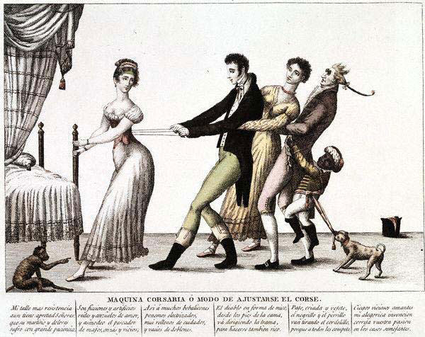 Карикатура: женщине затягивают корсет