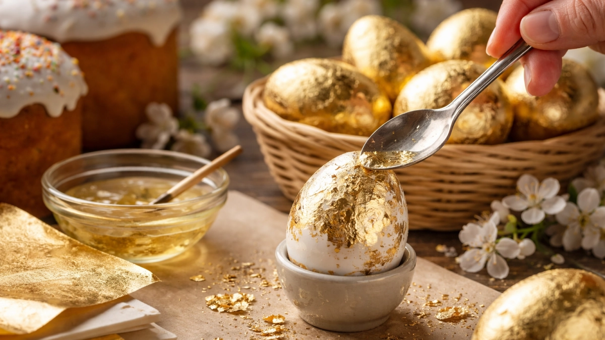 Не обычные крашенки, а золото на скорлупе: берём желатин и ложку — и превращаем яйца в праздничные арт-объекты