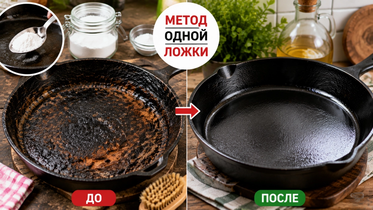 Метод одной ложки — и старую чугунную сковороду хоть на витрину отправляй: многолетний нагар испарится за 20 минут